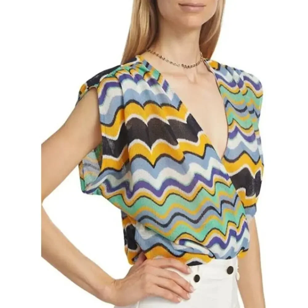 RAMY BROOK Top NEW Size XXS Myra Wave Blouse $325 Blue Yellow Green - Picture 5 of 8